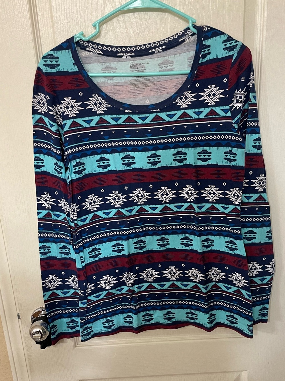 No Boundaries Aztec Stripe Long Sleeve Tee in Teal, Navy & Burgundy